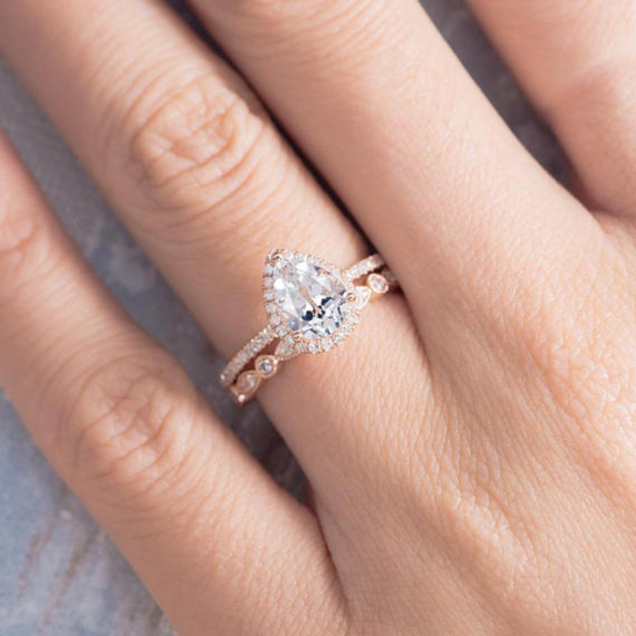 Pear Shaped Engagement Ring Wedding Band Women Set Rose Gold White ...