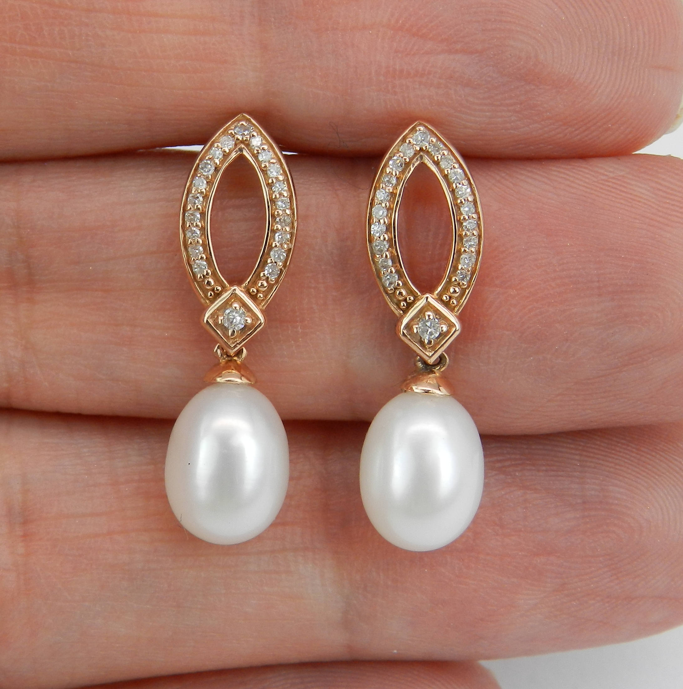 Pearl and Diamond Dangle Drop Earrings 14K Rose Gold June Birthstone ...