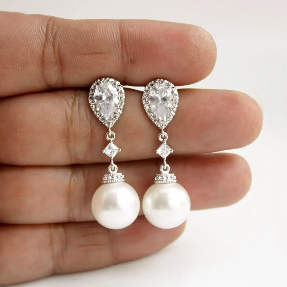 Pearl Wedding Earrings, Crystal Pearl Bridal Earrings, Round Swarovski ...