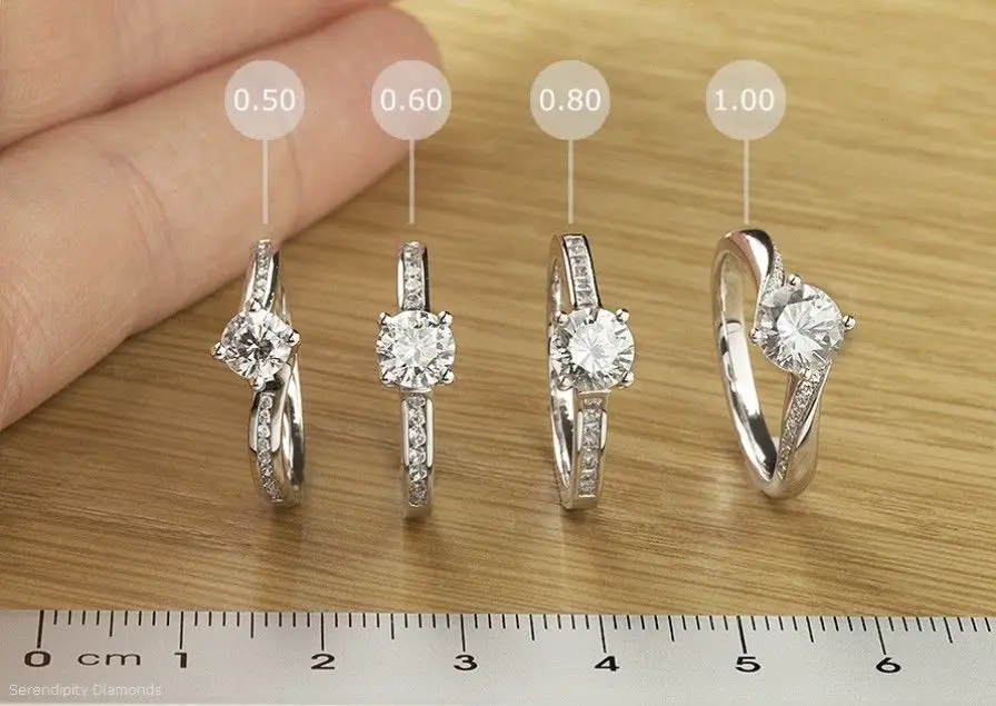 Photograph showing actual diamond sizes from 0.50cts to 1 ...