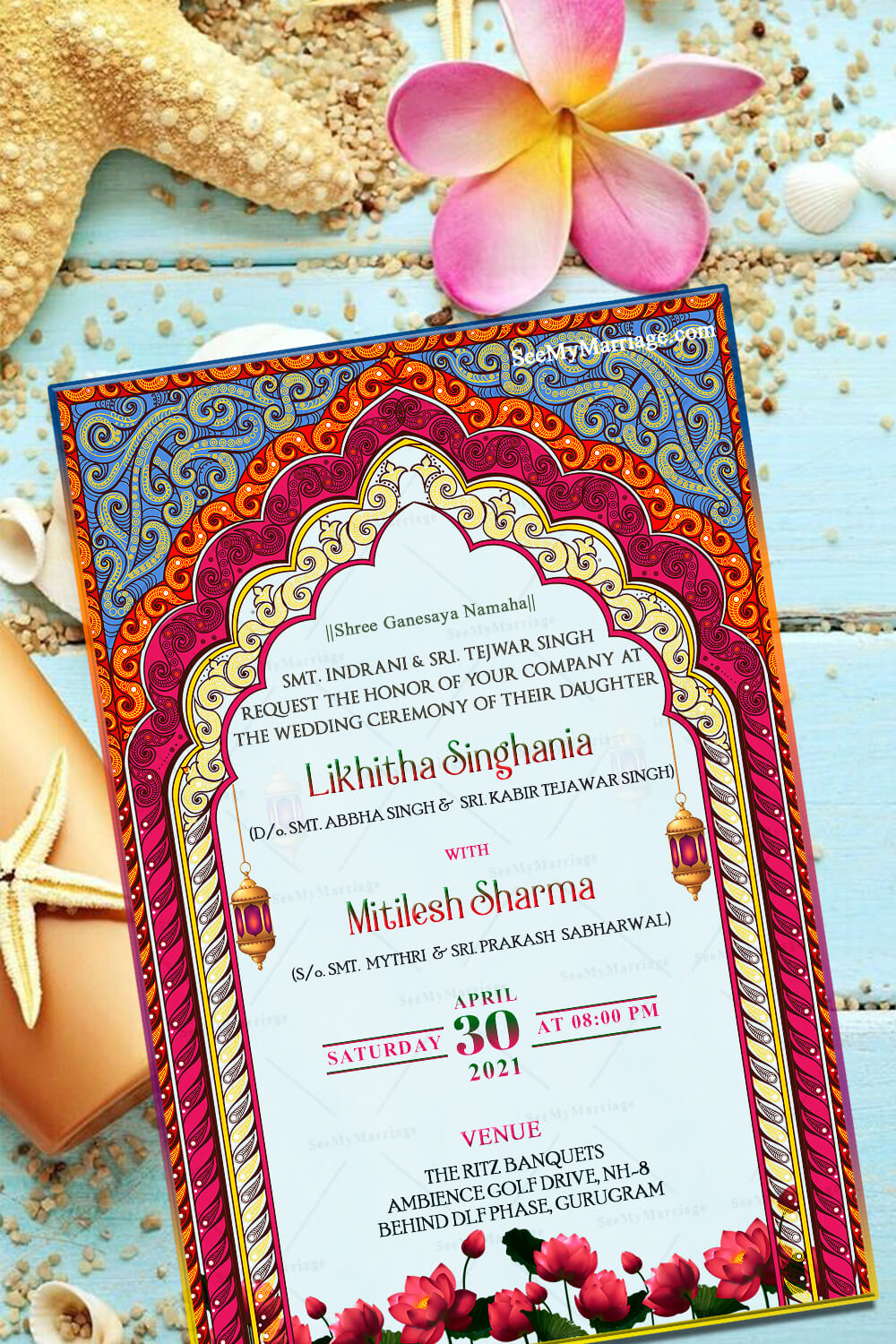 Pink and Blue Theme Traditional North Indian Wedding Invitation Card ...