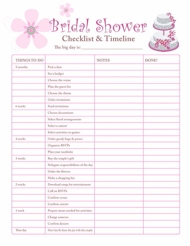 Printable checklists: Bridal shower checklist