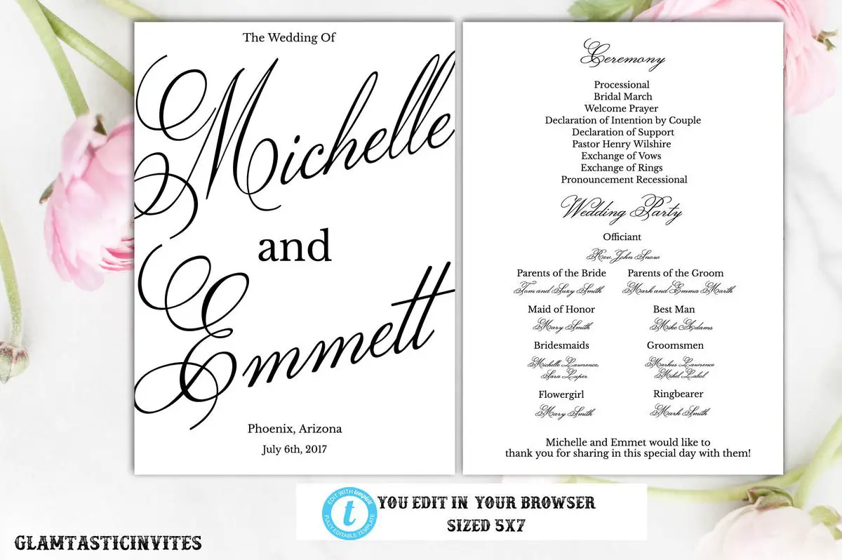 Printable Wedding Program, Order of Ceremony, Instant ...