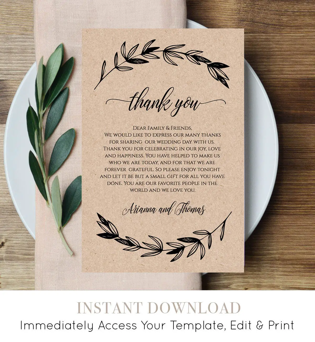 Printable Wedding Thank You Letter, Reception Thank You Note, In Lieu ...