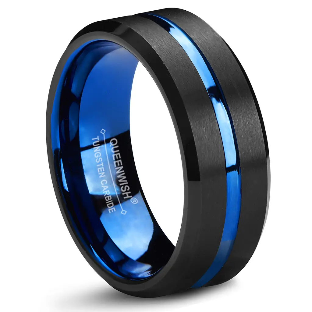 Queenwish Blue and Black Tungsten Carbide Wedding Band 8mm Two Tone ...