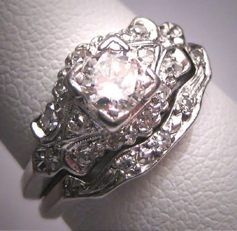 Rare Antique Platinum Diamond Wedding Ring Set w/Band Art Deco
