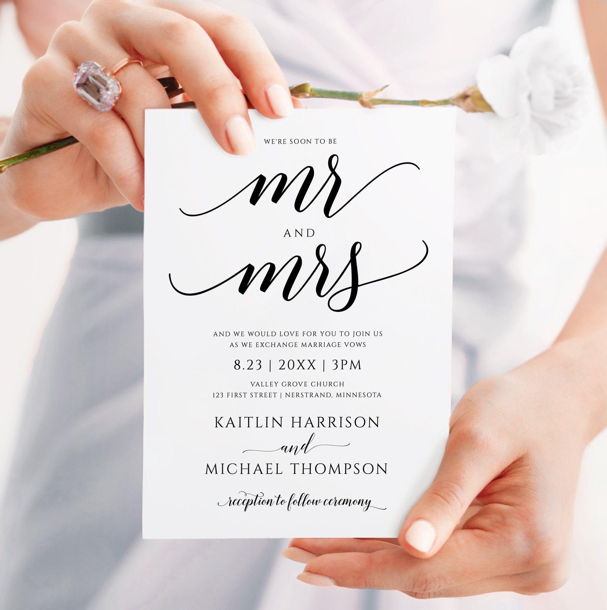 Romantic Calligraphy Mr. and Mrs. Wedding Invitation Template