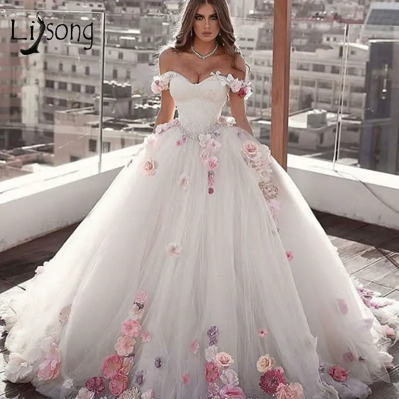 Romantic Colorful 3D Flower Wedding Dresses Lace Beaded Puffy Bridal ...