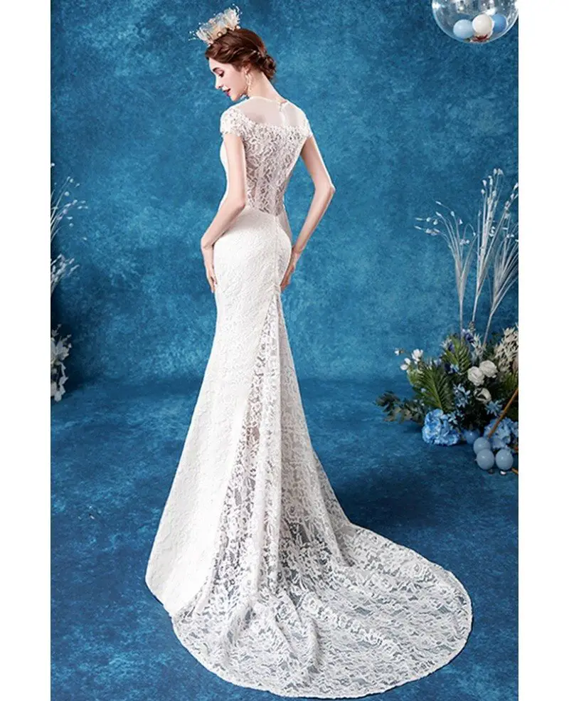 Romantic Lace Sheer Neck Cap Sleeved Fitted Wedding Dress With Train ...