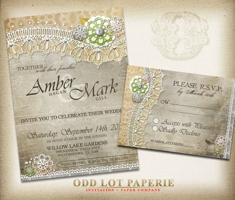 Rustic Lace Wedding Invitation Printable wedding invitation