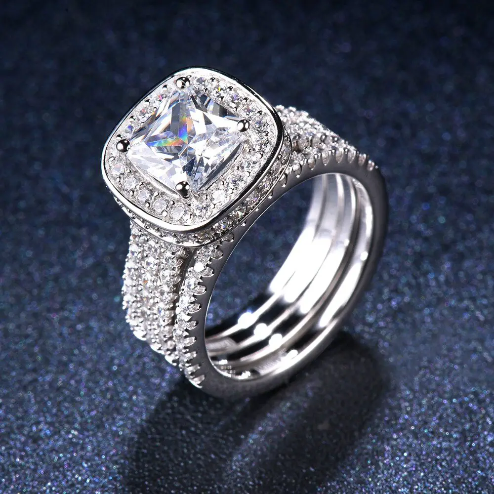 SALE! Luxury 2.77ct Simulated Diamond Halo Wedding Ring Sets Solid 925 ...