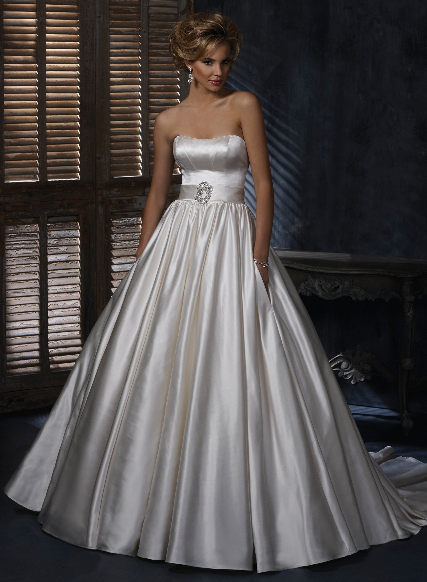 satin dipped neckline ball gown wedding dress with pockets ...