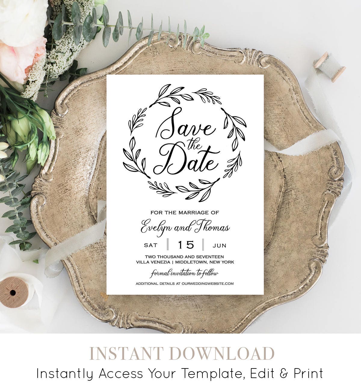 Save the Date Template, Printable Wedding Date Card, Rustic Wedding ...