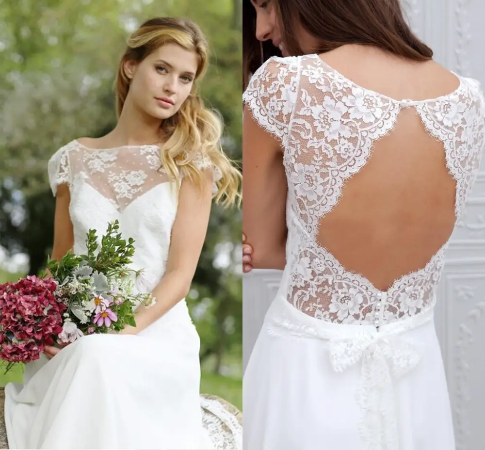 Sexy Open Back Beach Lace Wedding Dresses 2017 Short Sleeve Simple ...
