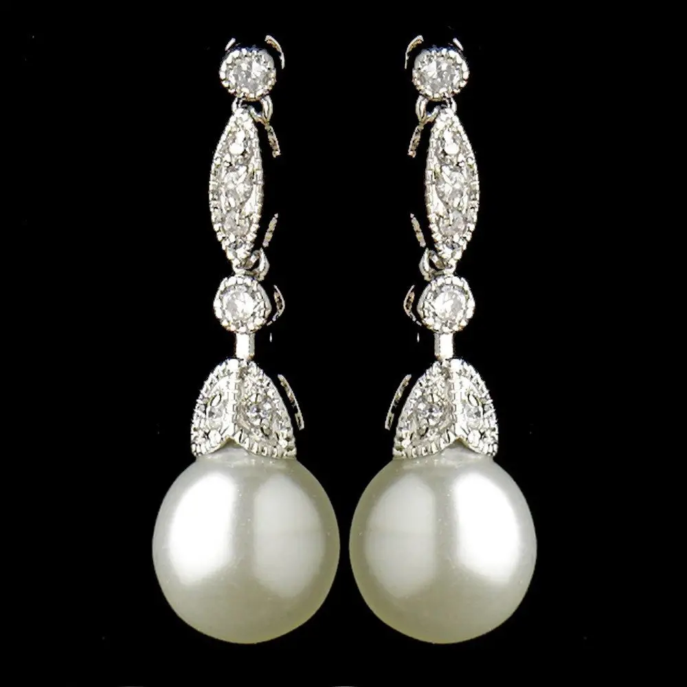 Simple Cubic Zirconia Vintage Bridal Pearl Drop Earrings E 3877