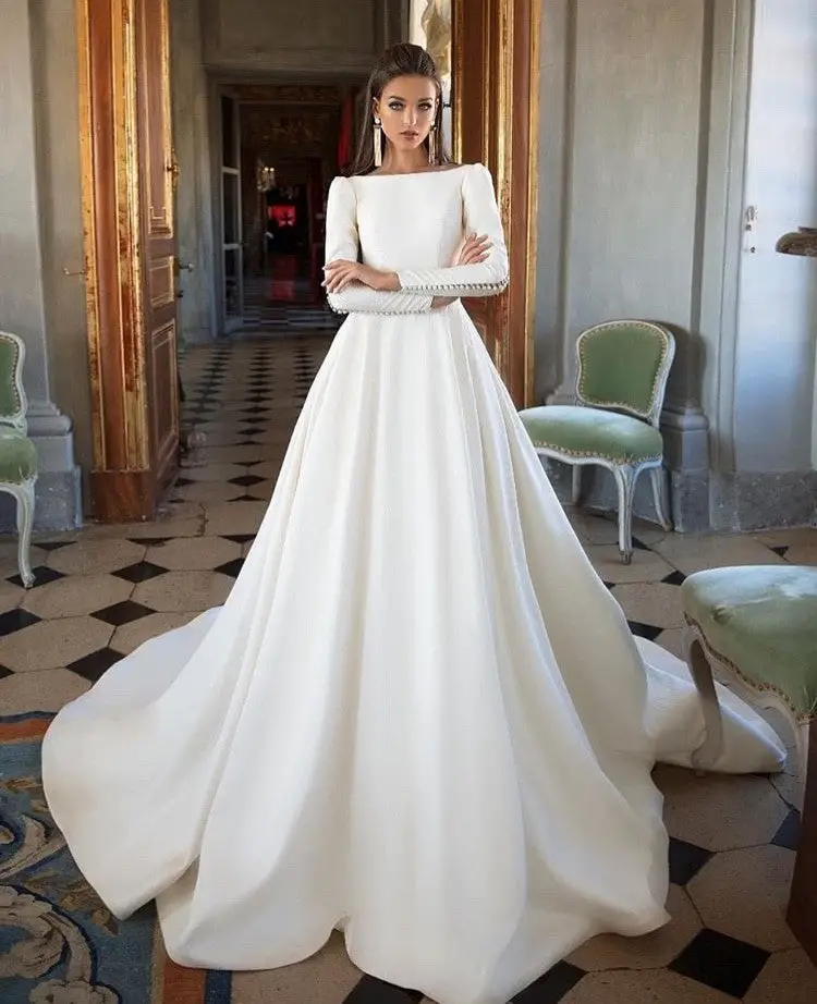 Simple Ivory Long Sleeves Satin A Line Wedding Dresses OKG43  Okdresses