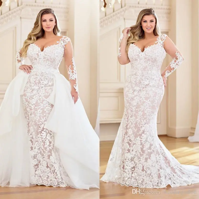 Stunning Plus Size Mermaid Lace Wedding Dresses With Detachable Train ...