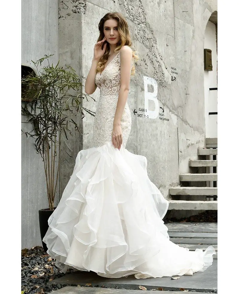 Stunning Sheer Lace Fitted Trumpet Wedding Dress With Ruffles Train # ...