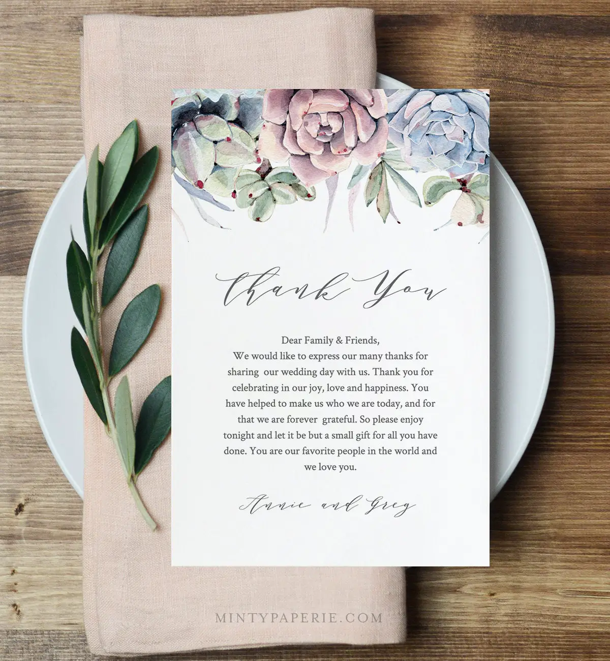 Succulent Wedding Thank You Letter, Napkin Note, In Lieu of Favor Card ...