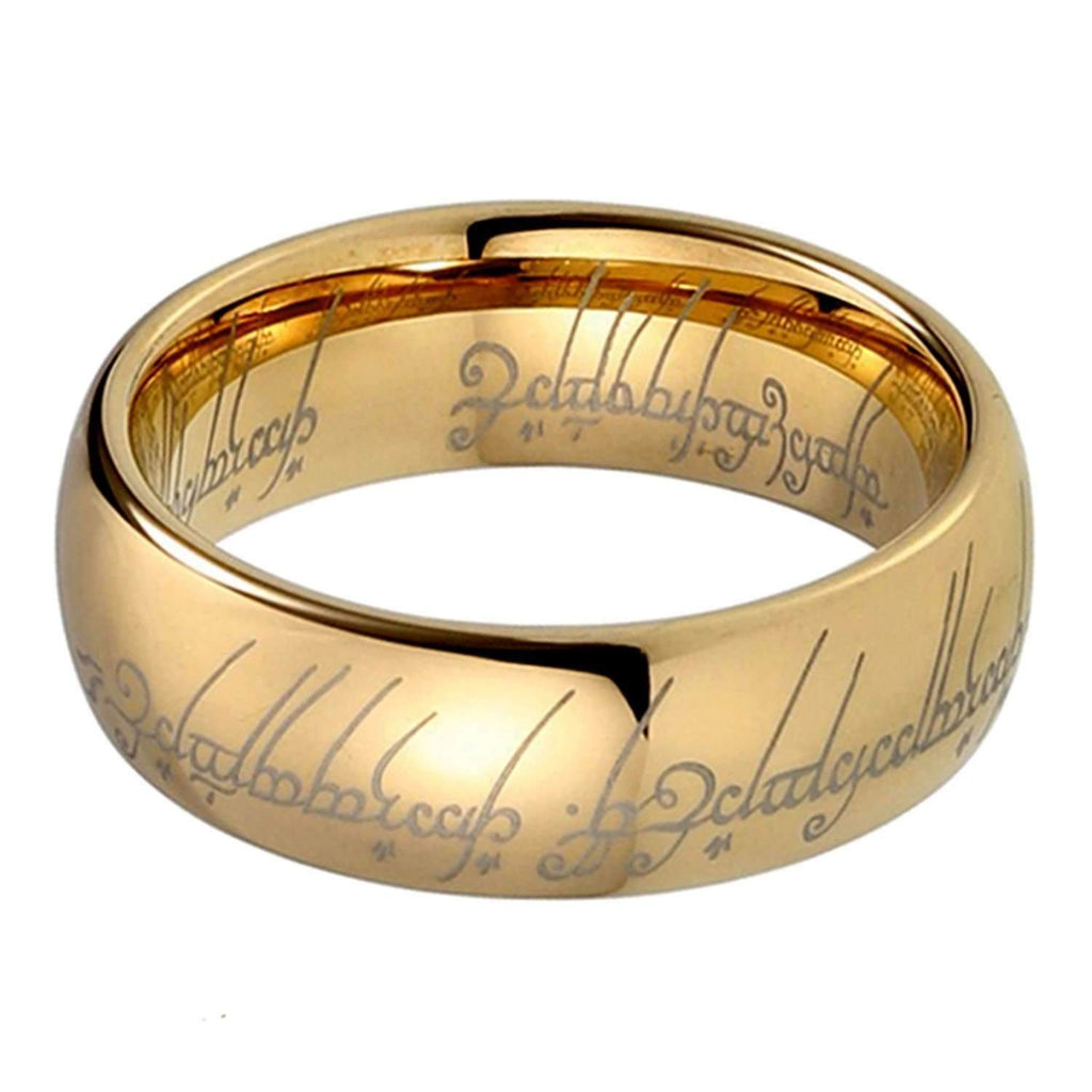 The One Ring 8mm Yellow Gold &  Tungsten Lord of the Rings Elvish ...