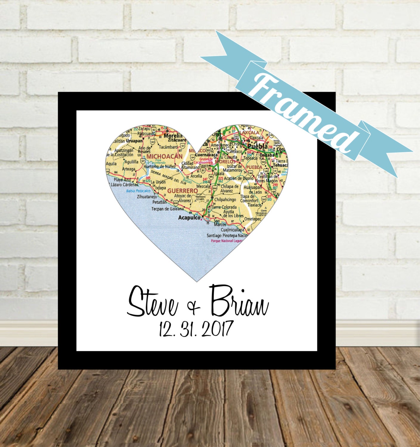 Unique Gay Wedding Gift for Gay Couple Map Art FRAMED Heart