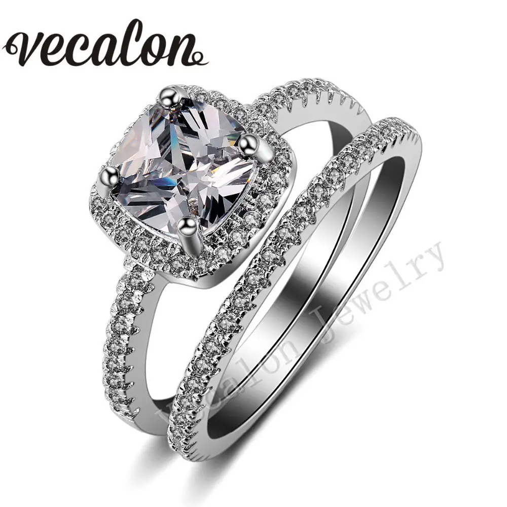 Vecalon 2016 cushion cut 3ct AAAAA Zircon Cz Wedding Band Ring Set for ...