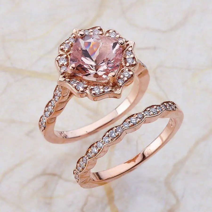 Vintage Bridal Set Morganite Engagement Ring And Scalloped Diamond ...