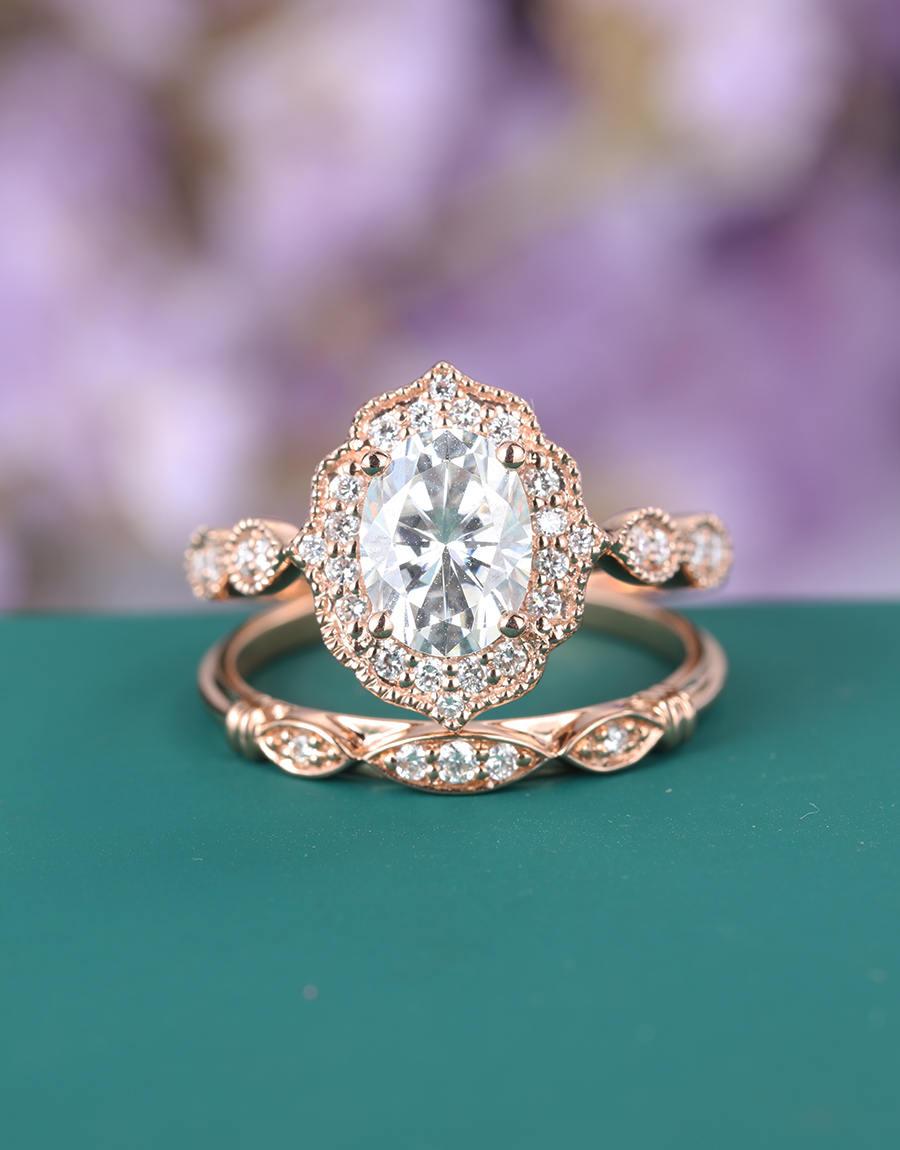 Vintage Engagement Ring Rose Gold Antique Art Deco Moissanite Oval ...