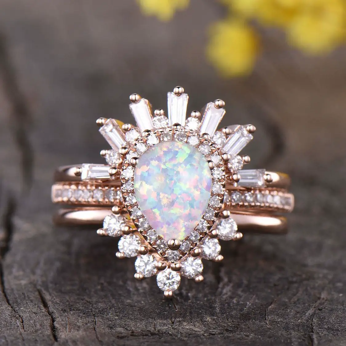 Vintage Opal Engagement Ring SetAntique Wedding Matching