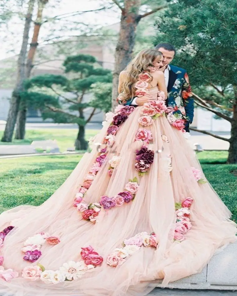 vintage Pink Flowers Wedding Dress 2017 Sexy One shoulde Tulle Custom ...