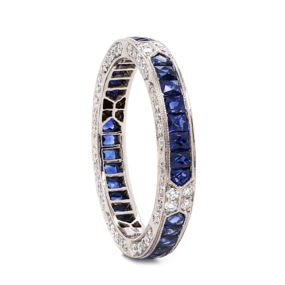 Vintage Style French Cut Sapphire and Diamond Eternity Band