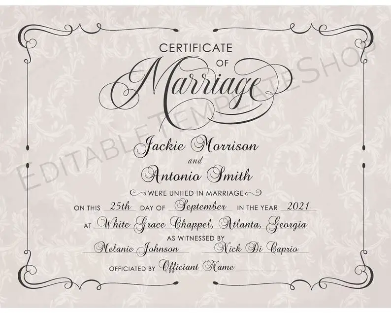 Vintage Wedding Certificate of Marriage, Editable ...