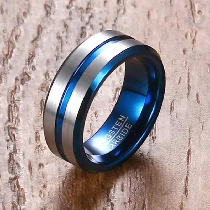 Vnox 6/8mm Silver Blue Tungsten Ring for Men Wedding Band Casual Daily ...