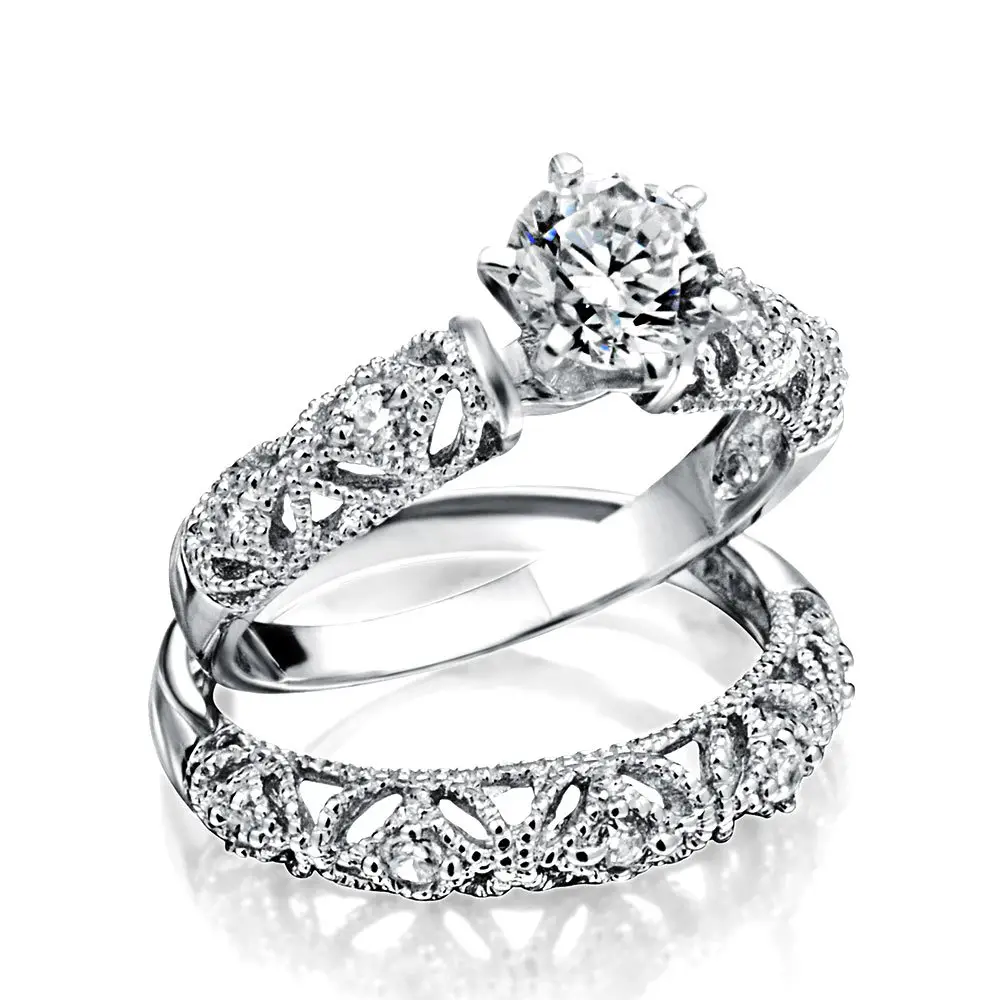 Wedding &  Engagement Rings Vintage Style 1CT Round Solitaire Milgrain ...
