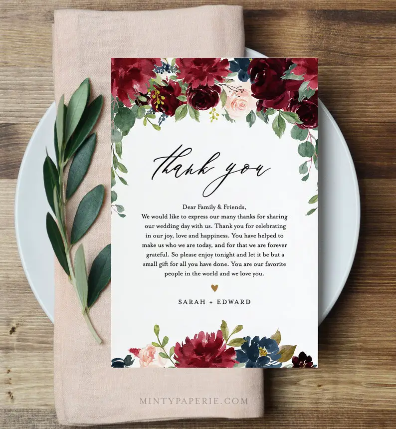 Wedding Thank You Letter Napkin Note In Lieu of Favors Card