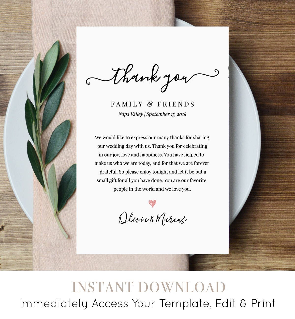 Wedding Thank You Letter, Thank You Note, Printable Wedding In Lieu of ...