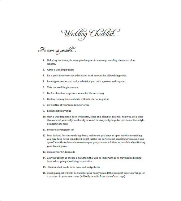 Wedding To Do List â 8+ Free Sample, Example, Format Download!