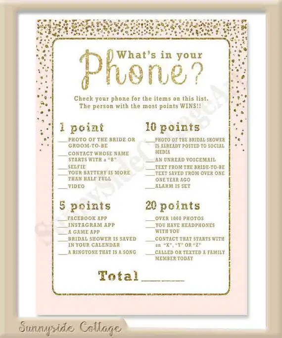 WHAT is in Your PHONE Bridal Shower game gold accents &  a ...
