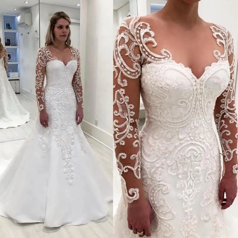 White Plus Size Mermaid Long Sleeve Wedding Dress Lace Embroidery ...