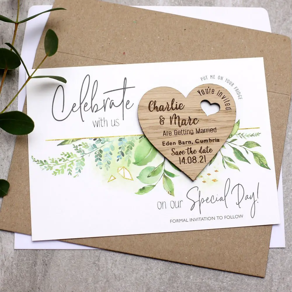 Wooden Save The Date Cards Foliage Wedding Magnets Personalised Wood ...